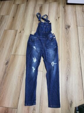 Basic Jeans Dark Blue Distressed Denim Overalls
